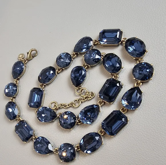 [J. Crew] Blue Crystal Multi Shaped Riviere Gold Toned Statement Necklace - Picture 2 of 16
